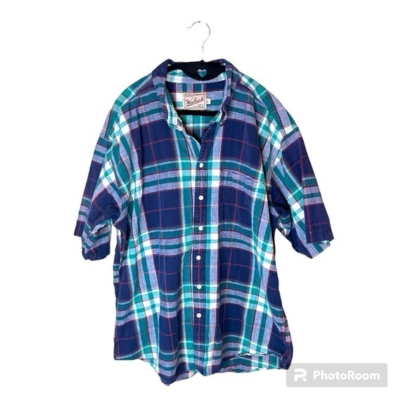 Woolrich Vintage Green‎ Navy Red Plaid Short Sleeve Button Down Size XL - Picture 1 of 7